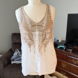 Johnny Was White Tank Top with Tan Embroidery